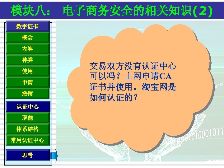 模块八： 电子商务安全的相关知识(2) 数字证书 概念 内容 种类 使用 申请 撤销 认证中心 职能 体系结构 常用认证中心 思考