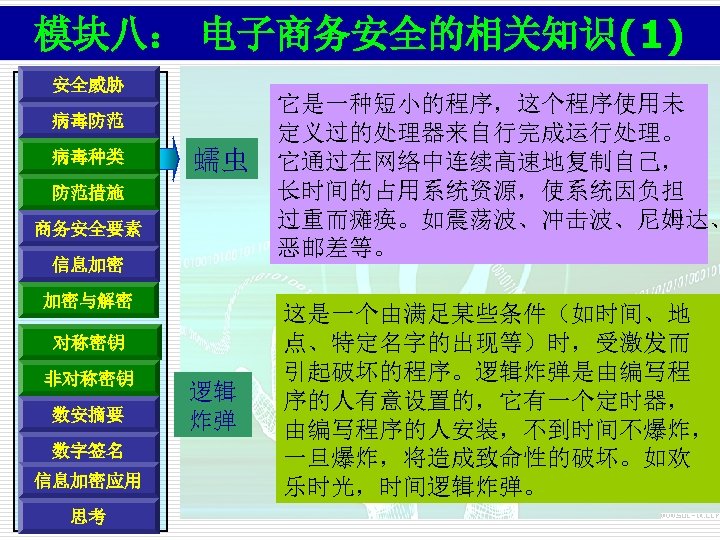 模块八： 电子商务安全的相关知识(1) 安全威胁 病毒防范 病毒种类 蠕虫 防范措施 商务安全要素 信息加密 加密与解密 对称密钥 非对称密钥 数安摘要 数字签名