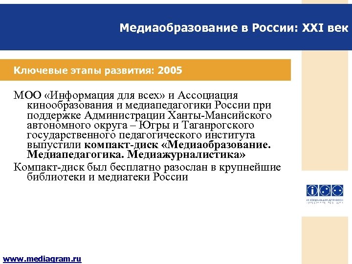 Медиаобразование в России: XXI век Ключевые этапы развития: 2005 МОО «Информация для всех» и