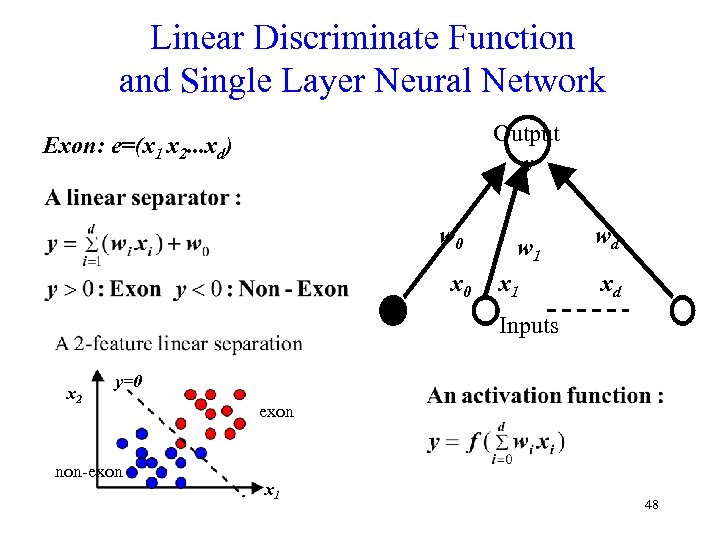 Linear Discriminate Function and Single Layer Neural Network Output y Exon: e=(x 1 x