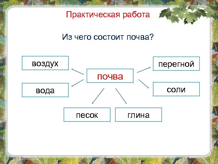 Практическая работа Из чего состоит почва? воздух перегной почва соли вода песок глина 