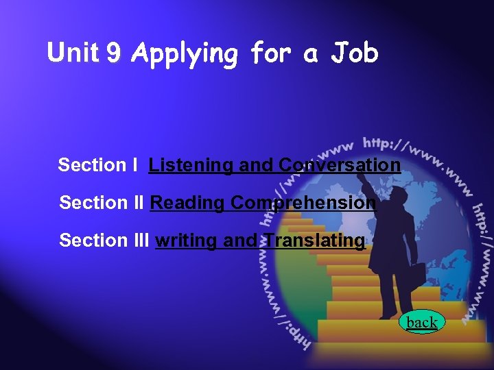 Unit 9 Applying for a Job Section I Listening and Conversation Section II Reading