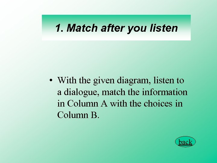 1. Match after you listen • With the given diagram, listen to a dialogue,