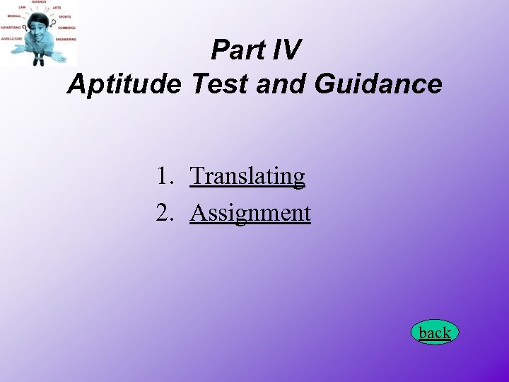 Part IV Aptitude Test and Guidance 1. Translating 2. Assignment back 