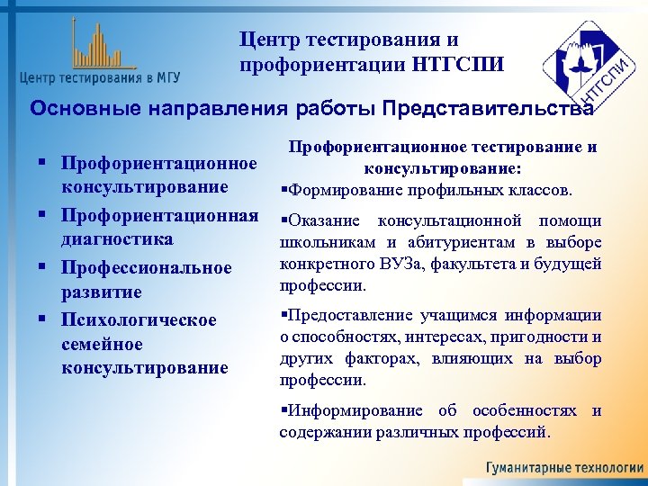 Центр тестирования и профориентации НТГСПИ Основные направления работы Представительства Профориентационное консультирование Профориентационная диагностика Профессиональное
