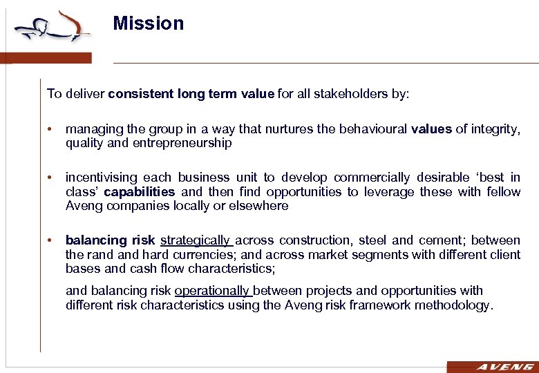 Mission To deliver consistent long term value for all stakeholders by: • managing the