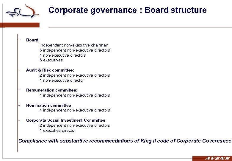 Corporate governance : Board structure • Board: Independent non-executive chairman 6 independent non-executive directors