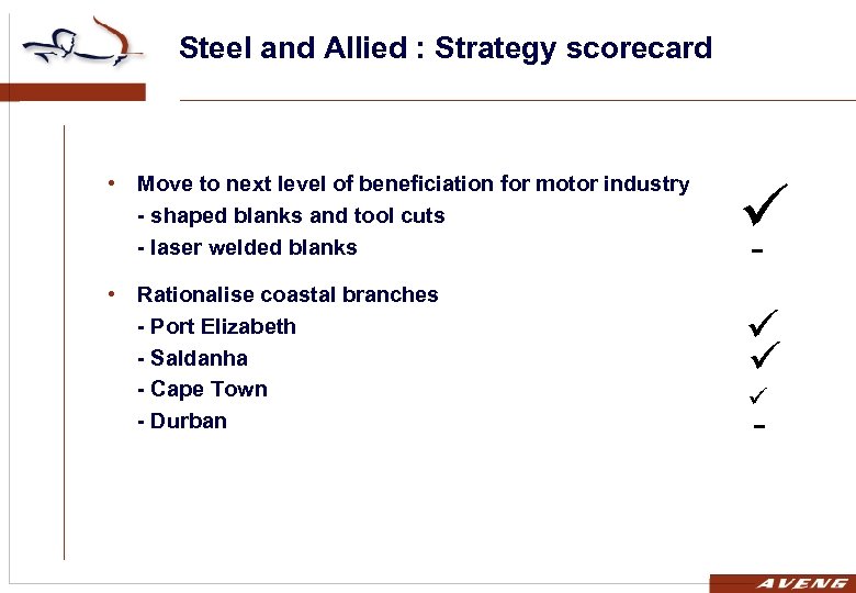 Steel and Allied : Strategy scorecard • Move to next level of beneficiation for