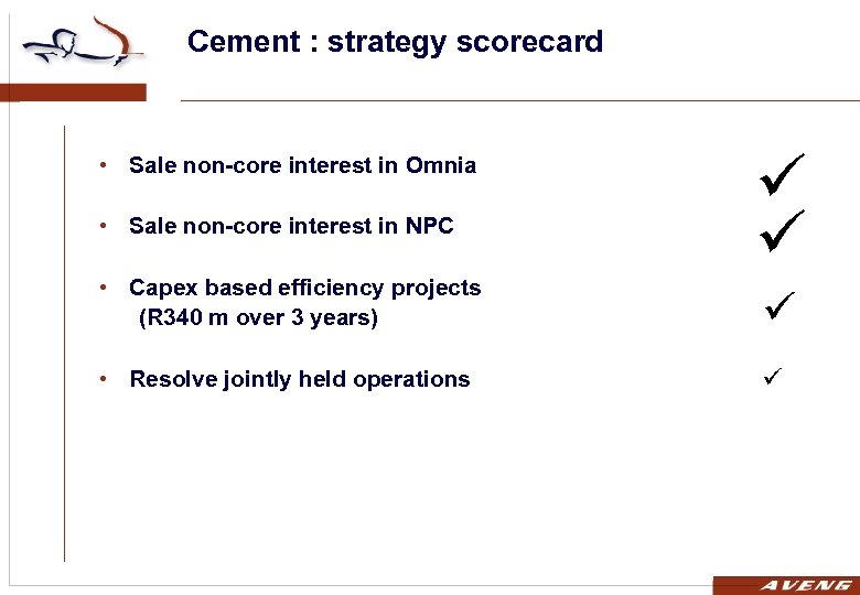 Cement : strategy scorecard • Sale non-core interest in Omnia • Sale non-core interest