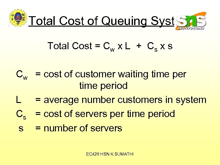 Total Cost of Queuing System Total Cost = Cw x L + Cs x
