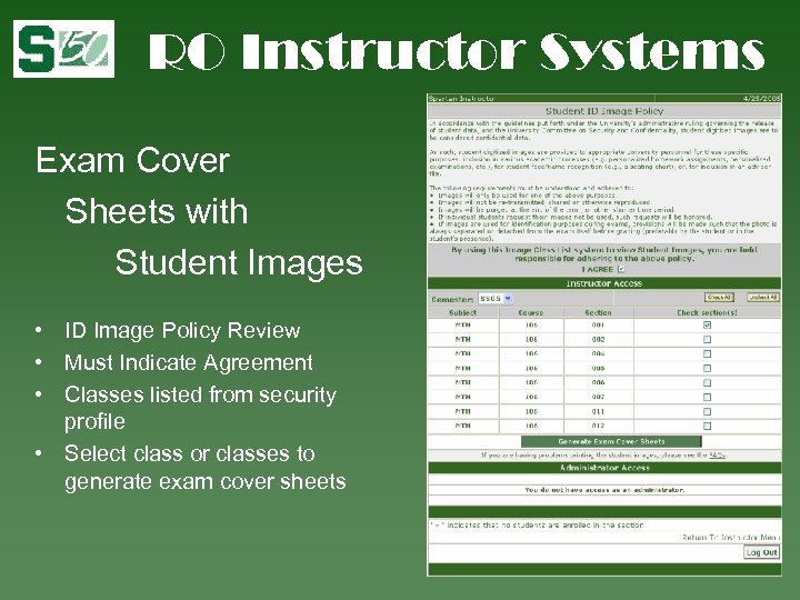 RO Instructor Systems Exam Cover Sheets with Student Images • ID Image Policy Review