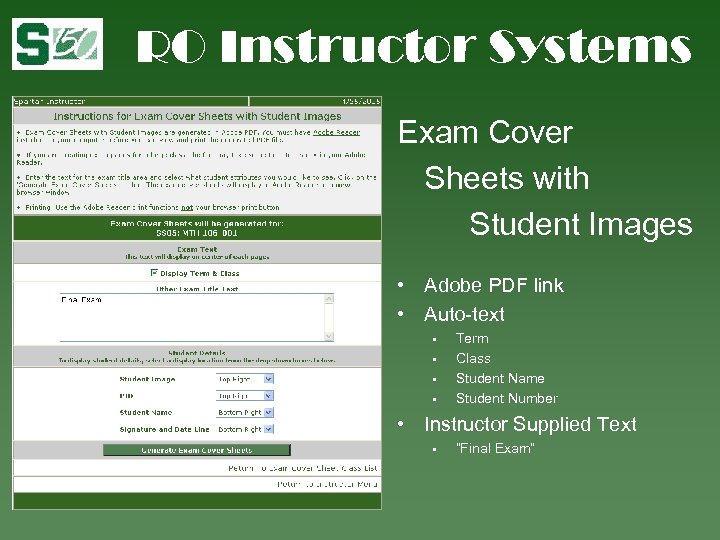 RO Instructor Systems Exam Cover Sheets with Student Images • Adobe PDF link •