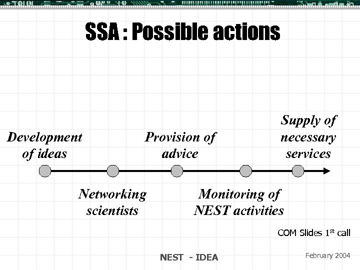 SSA : Possible actions Development of ideas Provision of advice Networking scientists Supply of