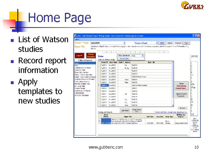 Home Page n n n List of Watson studies Record report information Apply templates