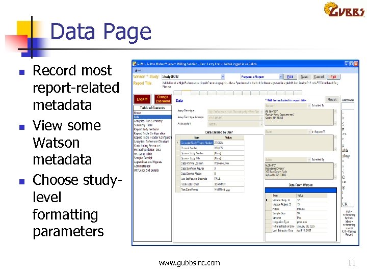 Data Page n n n Record most report related metadata View some Watson metadata