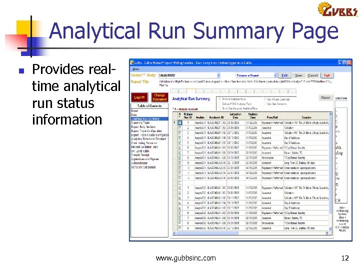 Analytical Run Summary Page n Provides real time analytical run status information www. gubbsinc.