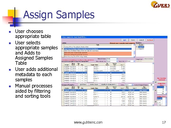 Assign Samples n n User chooses appropriate table User selects appropriate samples and Adds