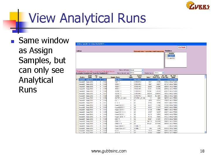 View Analytical Runs n Same window as Assign Samples, but can only see Analytical