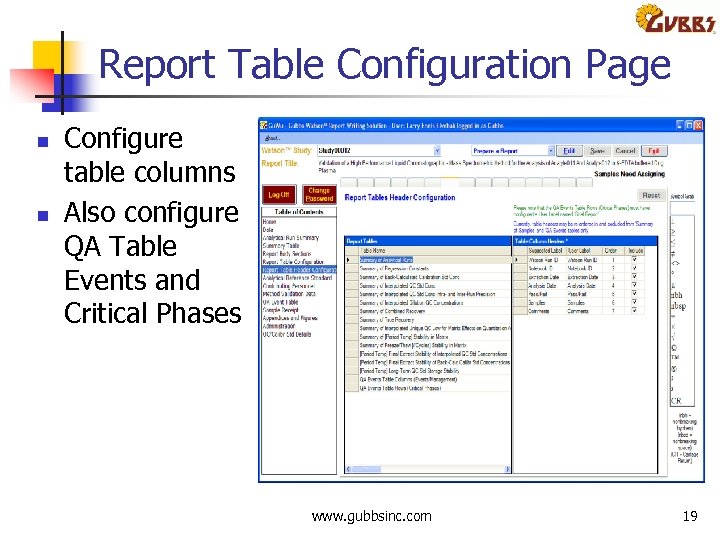 Report Table Configuration Page n n Configure table columns Also configure QA Table Events