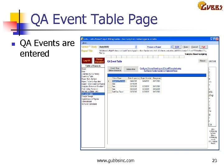 QA Event Table Page n QA Events are entered www. gubbsinc. com 23 