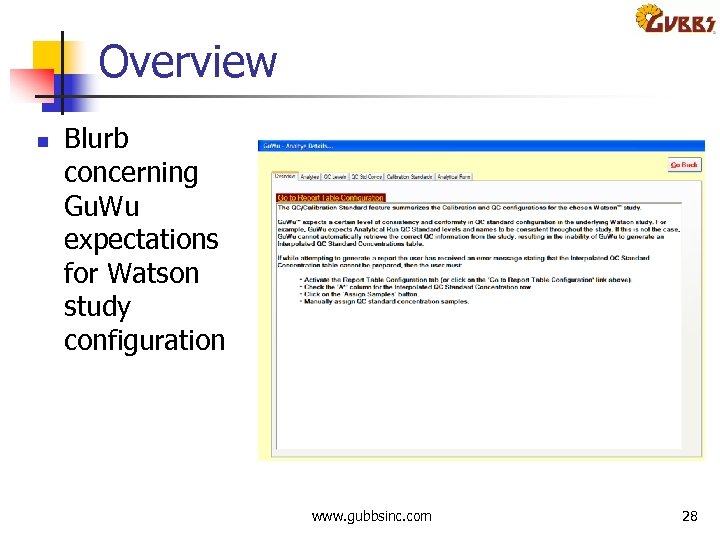 Overview n Blurb concerning Gu. Wu expectations for Watson study configuration www. gubbsinc. com