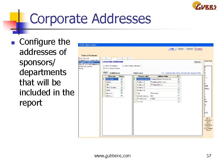Corporate Addresses n Configure the addresses of sponsors/ departments that will be included in
