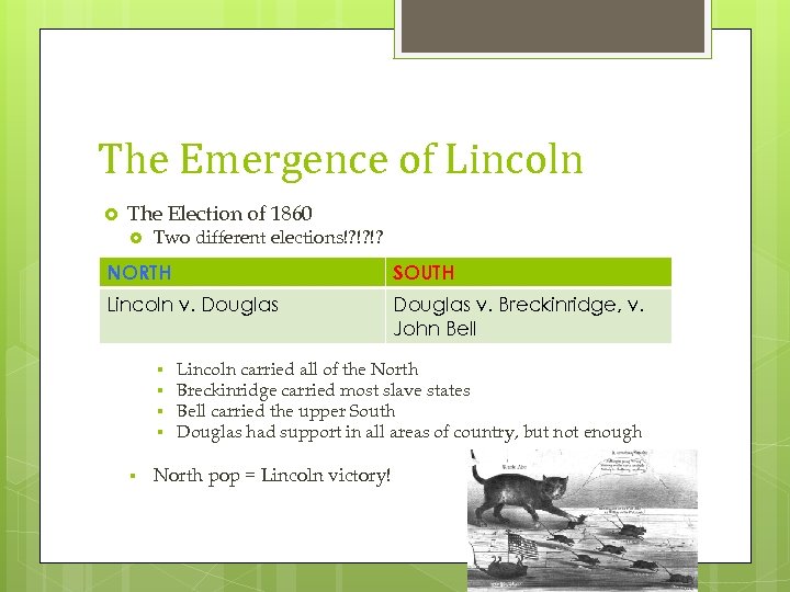 The Emergence of Lincoln The Election of 1860 Two different elections!? !? !? NORTH