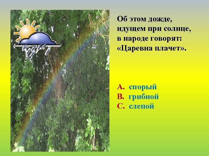Об этом дожде, идущем при солнце, в народе говорят: «Царевна плачет» . А. спорый