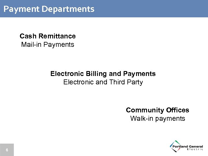 Payment Departments Cash Remittance Mail-in Payments Electronic Billing and Payments Electronic and Third Party