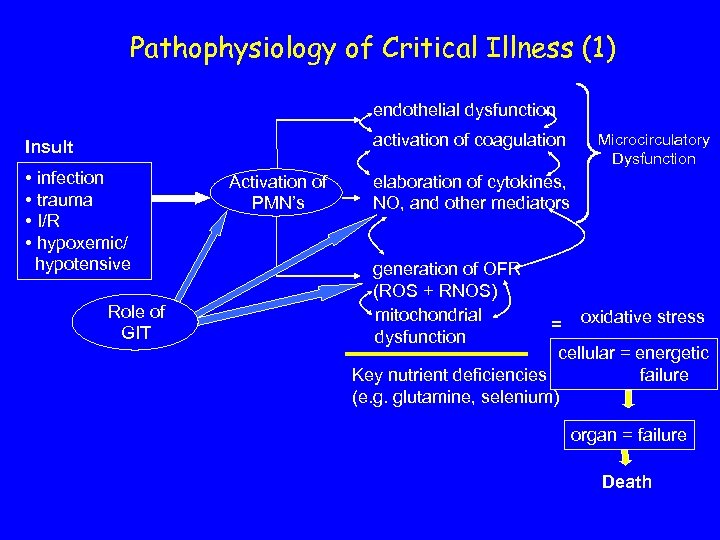 Pathophysiology of Critical Illness (1) endothelial dysfunction activation of coagulation Insult • infection •