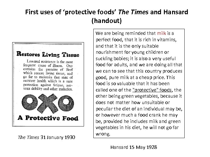 First uses of ‘protective foods’ The Times and Hansard (handout) The Times 31 January