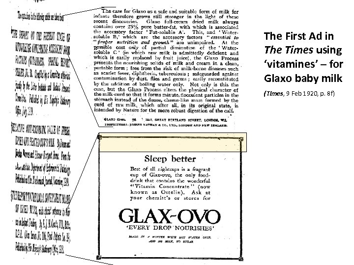 The First Ad in The Times using ‘vitamines’ – for Glaxo baby milk (Times,