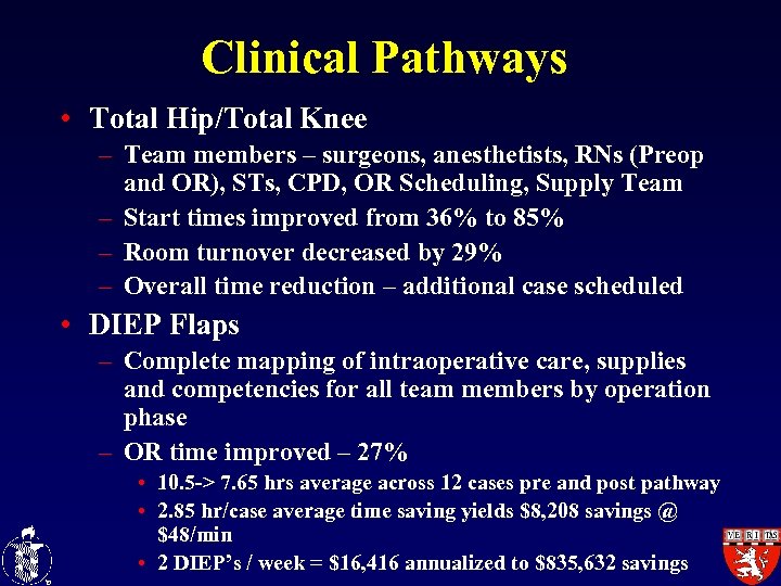 Clinical Pathways • Total Hip/Total Knee – Team members – surgeons, anesthetists, RNs (Preop