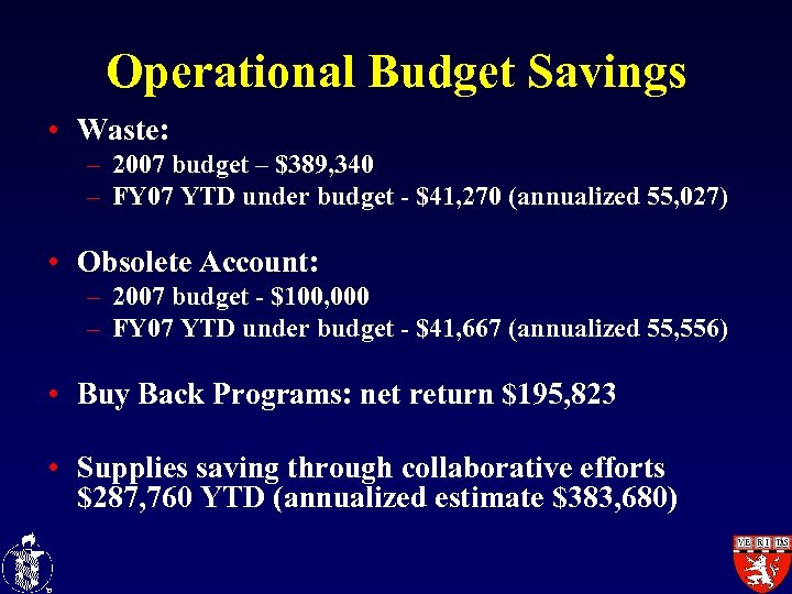 Operational Budget Savings • Waste: – 2007 budget – $389, 340 – FY 07