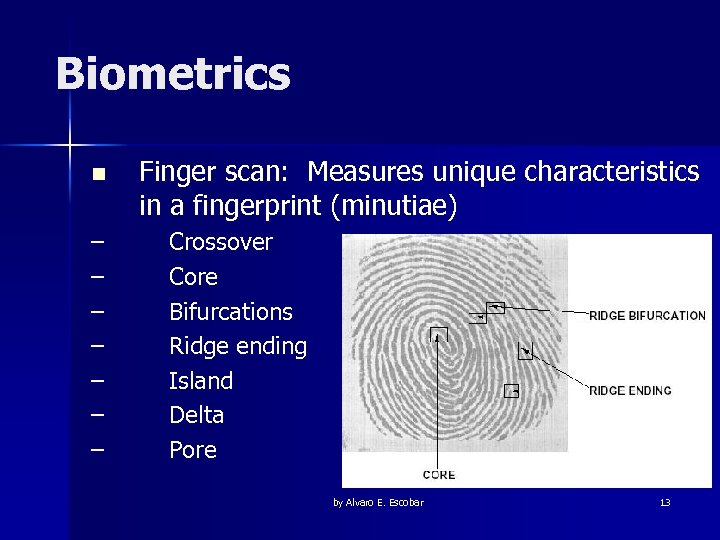 Biometrics n – – – – Finger scan: Measures unique characteristics in a fingerprint