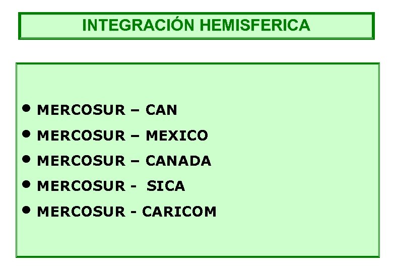 INTEGRACIÓN HEMISFERICA • MERCOSUR – CAN • MERCOSUR – MEXICO • MERCOSUR – CANADA