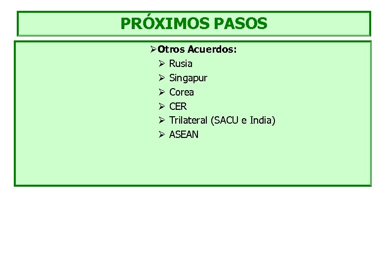 PRÓXIMOS PASOS ØOtros Acuerdos: Ø Rusia Ø Singapur Ø Corea Ø CER Ø Trilateral