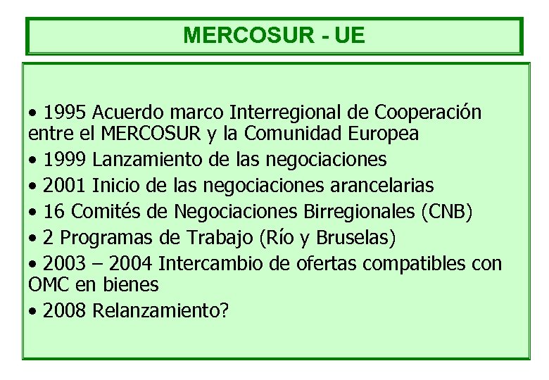 MERCOSUR - UE • 1995 Acuerdo marco Interregional de Cooperación entre el MERCOSUR y