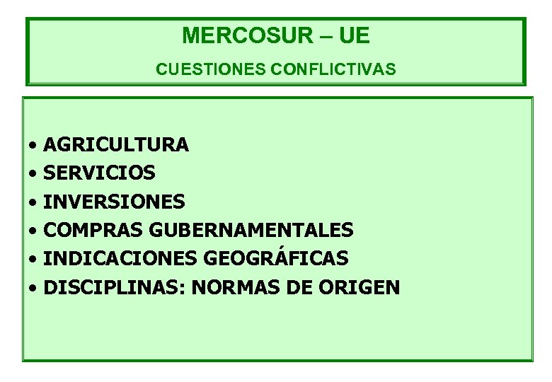 MERCOSUR – UE CUESTIONES CONFLICTIVAS • AGRICULTURA • SERVICIOS • INVERSIONES • COMPRAS GUBERNAMENTALES