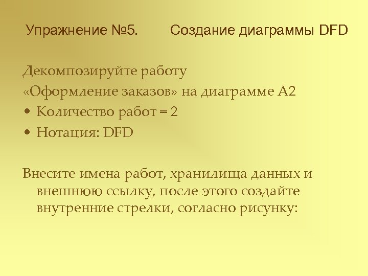 Упражнение № 5. Создание диаграммы DFD Декомпозируйте работу «Оформление заказов» на диаграмме А 2