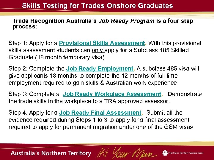  Skills Testing for Trades Onshore Graduates Trade Recognition Australia’s Job Ready Program is
