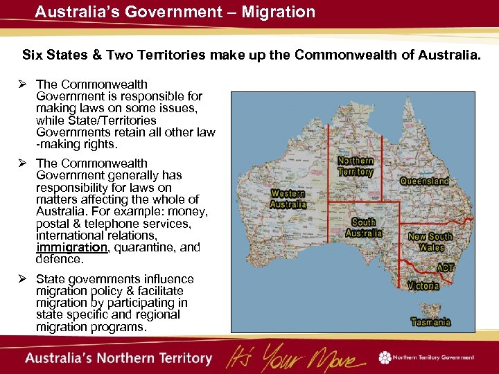 Australia’s Government – Migration Six States & Two Territories make up the Commonwealth of