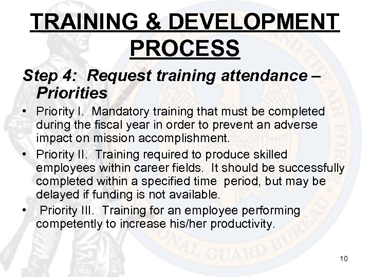 TRAINING & DEVELOPMENT PROCESS Step 4: Request training attendance – Priorities • Priority I.