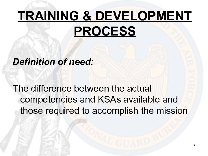 TRAINING & DEVELOPMENT PROCESS Definition of need: The difference between the actual competencies and