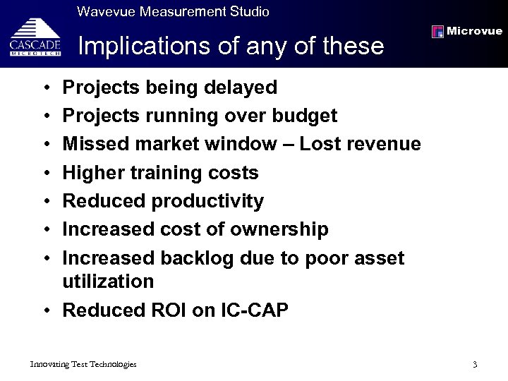 Wavevue Measurement Studio Implications of any of these Microvue • • Projects being delayed