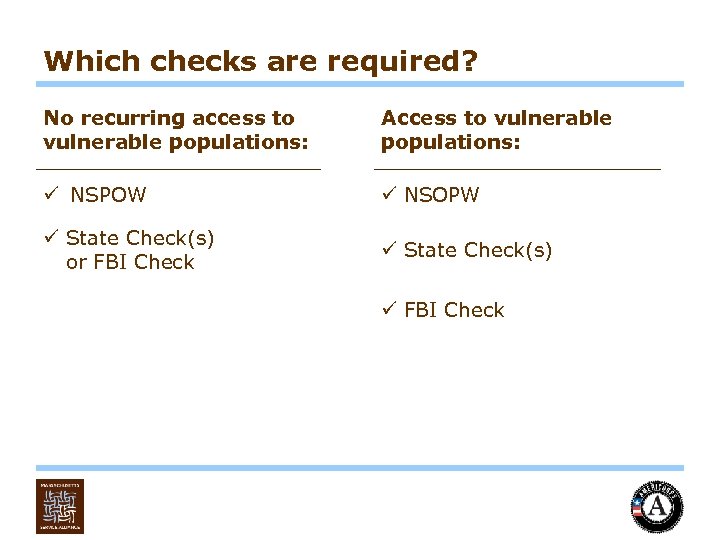 Which checks are required? No recurring access to vulnerable populations: Access to vulnerable populations: