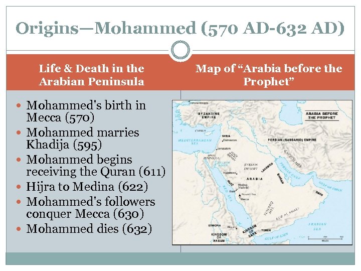 Origins—Mohammed (570 AD-632 AD) Life & Death in the Arabian Peninsula Mohammed's birth in