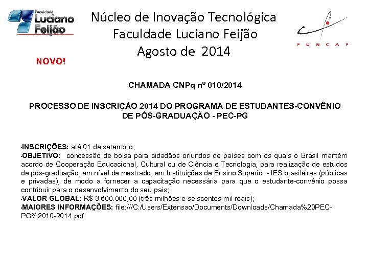 NOVO! Núcleo de Inovação Tecnológica Faculdade Luciano Feijão Agosto de 2014 CHAMADA CNPq nº