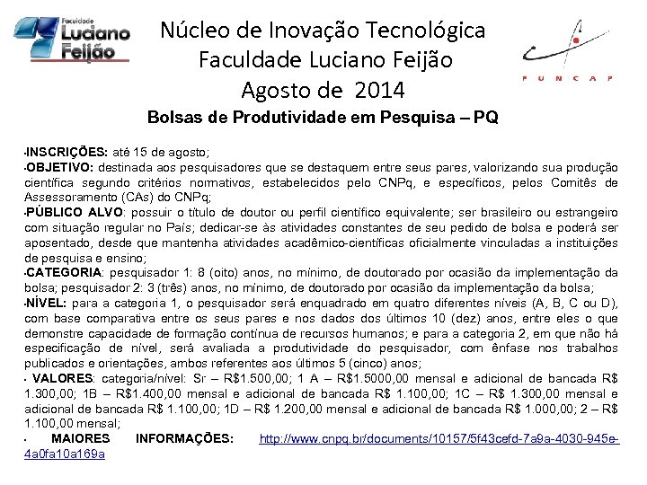 Núcleo de Inovação Tecnológica Faculdade Luciano Feijão Agosto de 2014 Bolsas de Produtividade em