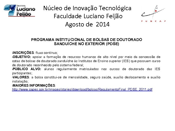 Núcleo de Inovação Tecnológica Faculdade Luciano Feijão Agosto de 2014 PROGRAMA INSTITUCIONAL DE BOLSAS